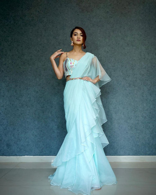 Beautiful Organza Silk party wear saree. (Sky blue)