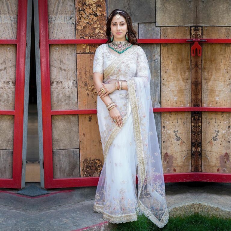 Bridal Wear Butterfly Soft Net Sequence Embroidered Work Wedding Saree (White)