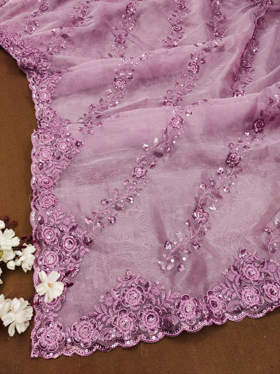 Organza Silk Pink Saree Exquisite Sequence Embroidery