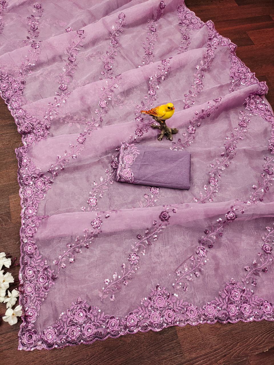 Organza Silk Pink Saree Exquisite Sequence Embroidery