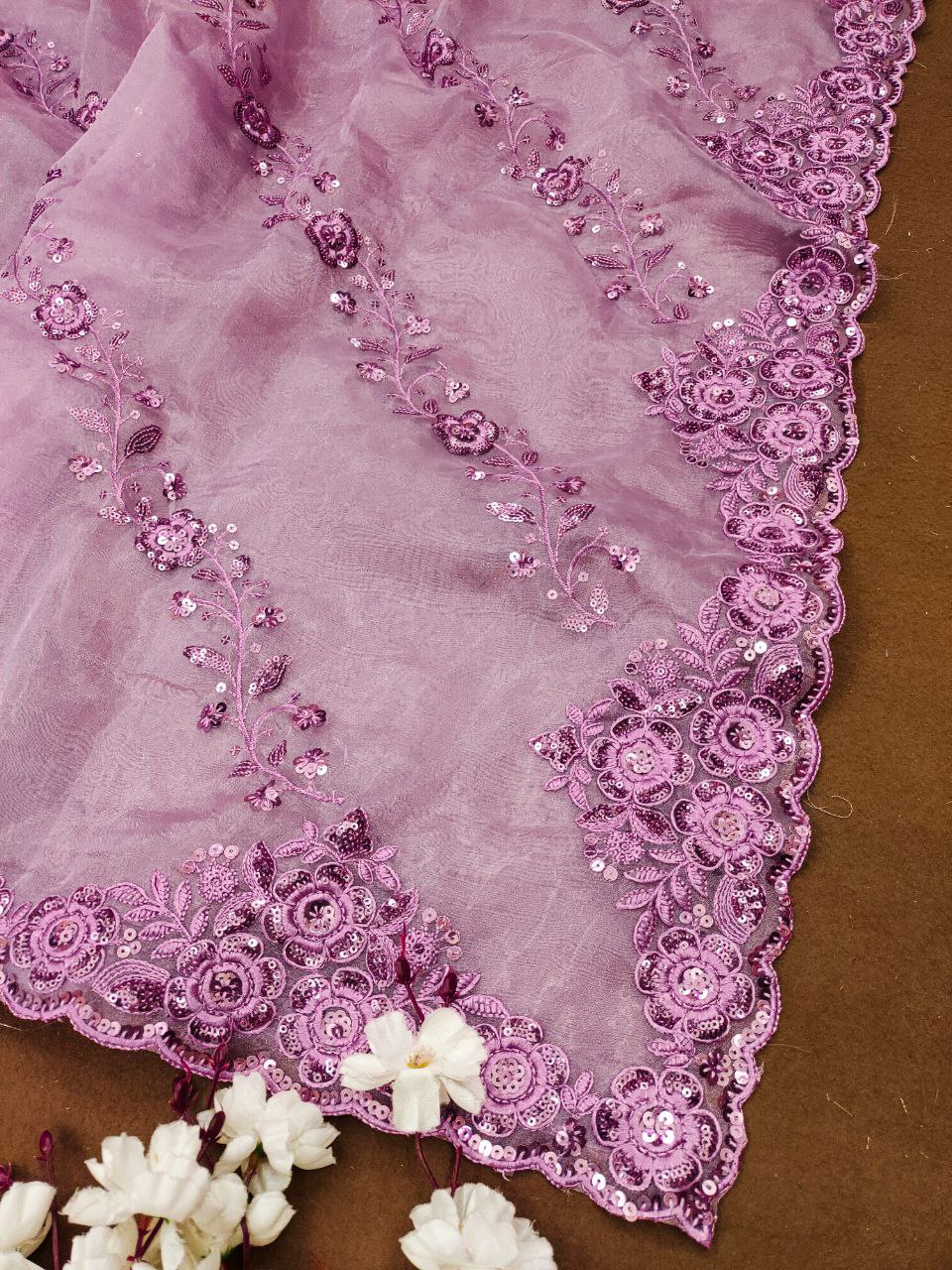 Organza Silk Pink Saree Exquisite Sequence Embroidery