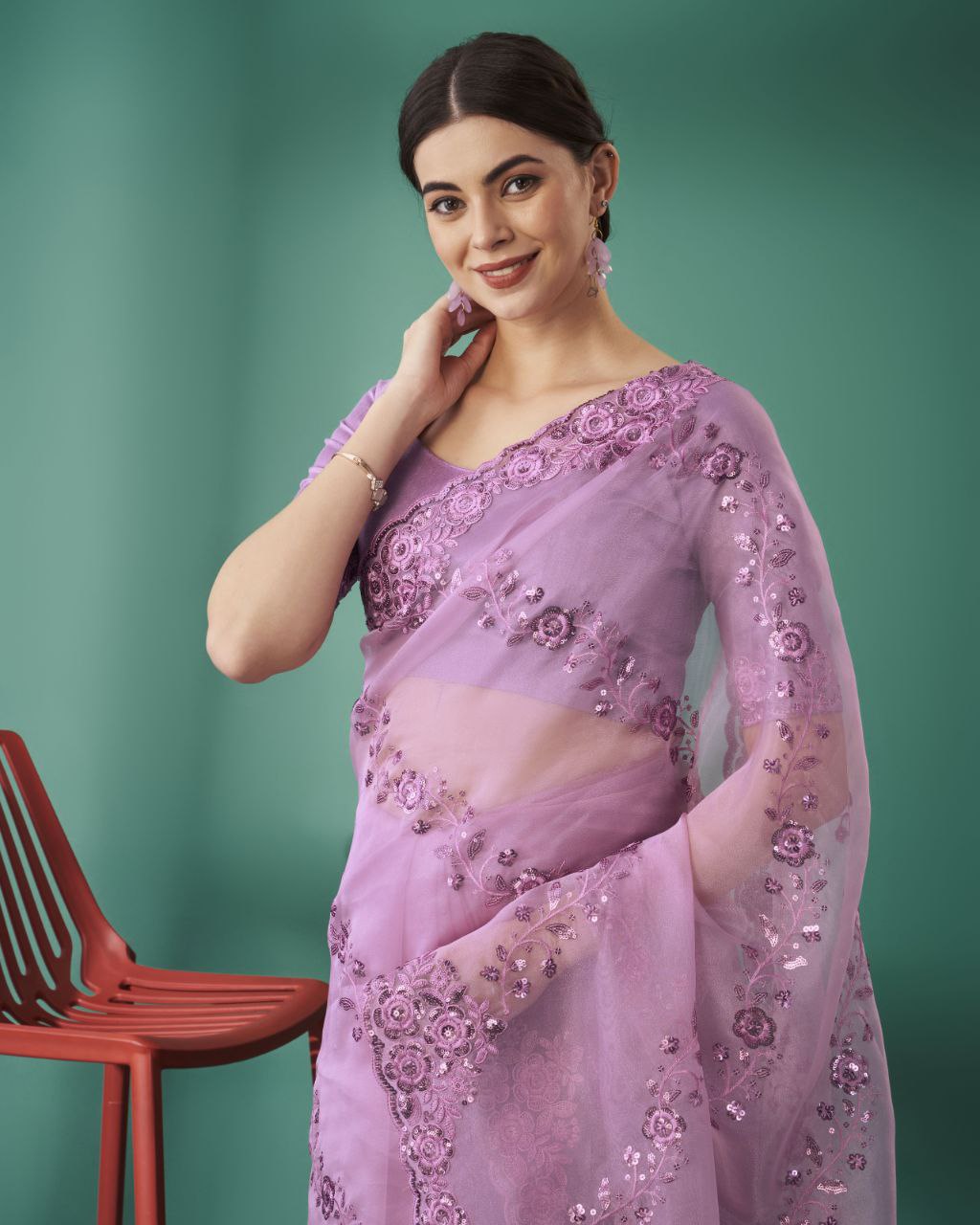 Organza Silk Pink Saree Exquisite Sequence Embroidery