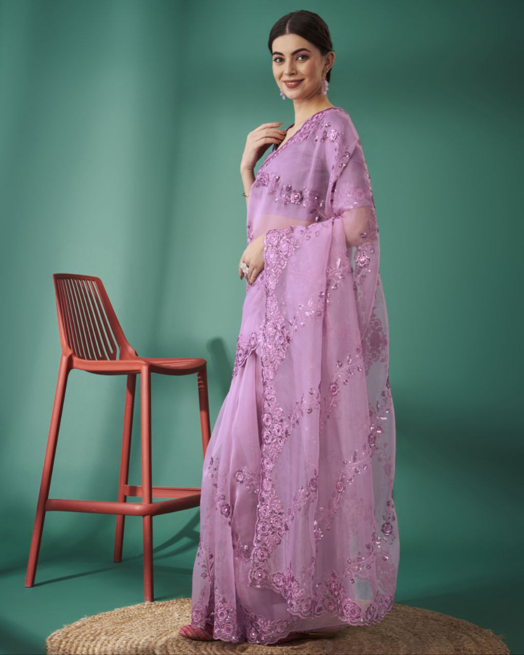 Organza Silk Pink Saree Exquisite Sequence Embroidery