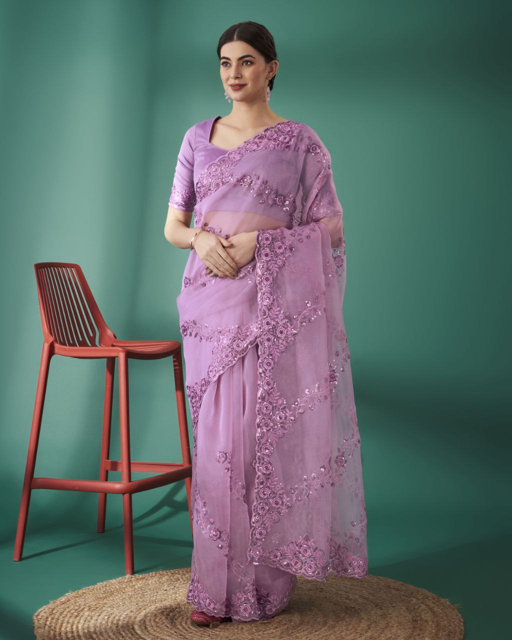 Organza Silk Pink Saree Exquisite Sequence Embroidery