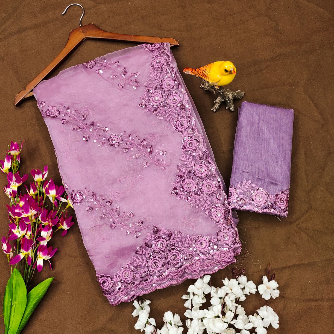 Organza Silk Pink Saree Exquisite Sequence Embroidery