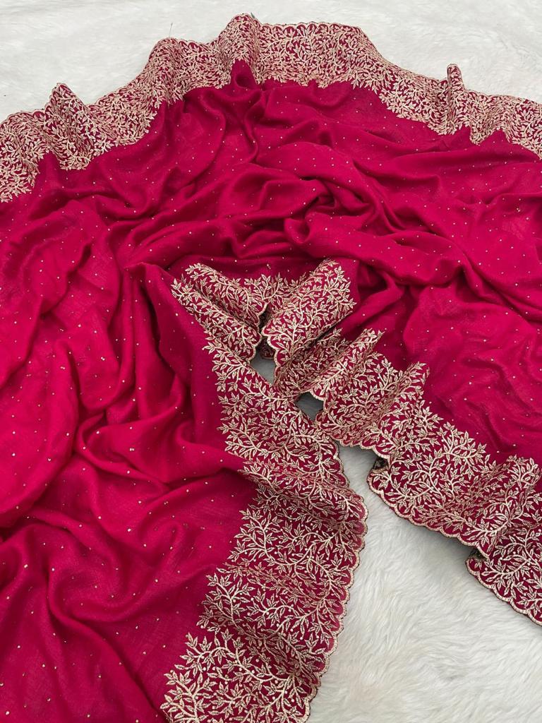 Vichitra Silk Saree Beautiful embroidery Work (Pink)