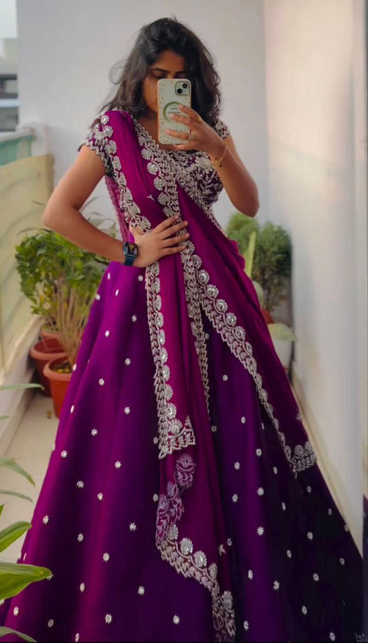Purple Embroidered Apple Organza Lehenga Choli Set