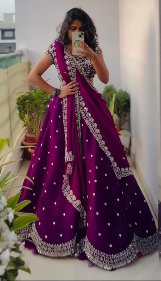 Purple Embroidered Apple Organza Lehenga Choli Set