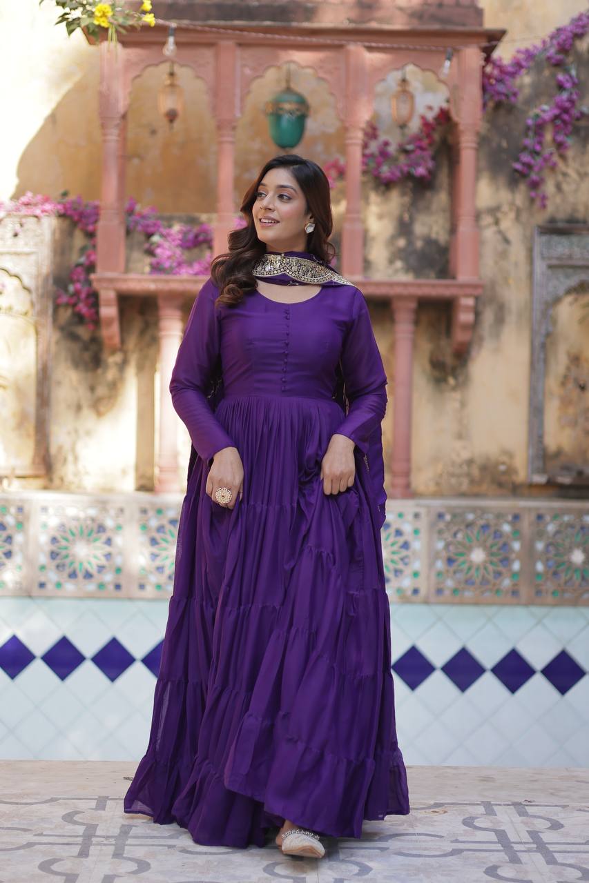 Amazing Purple Color Georgette Frill Work Party Wear Gown