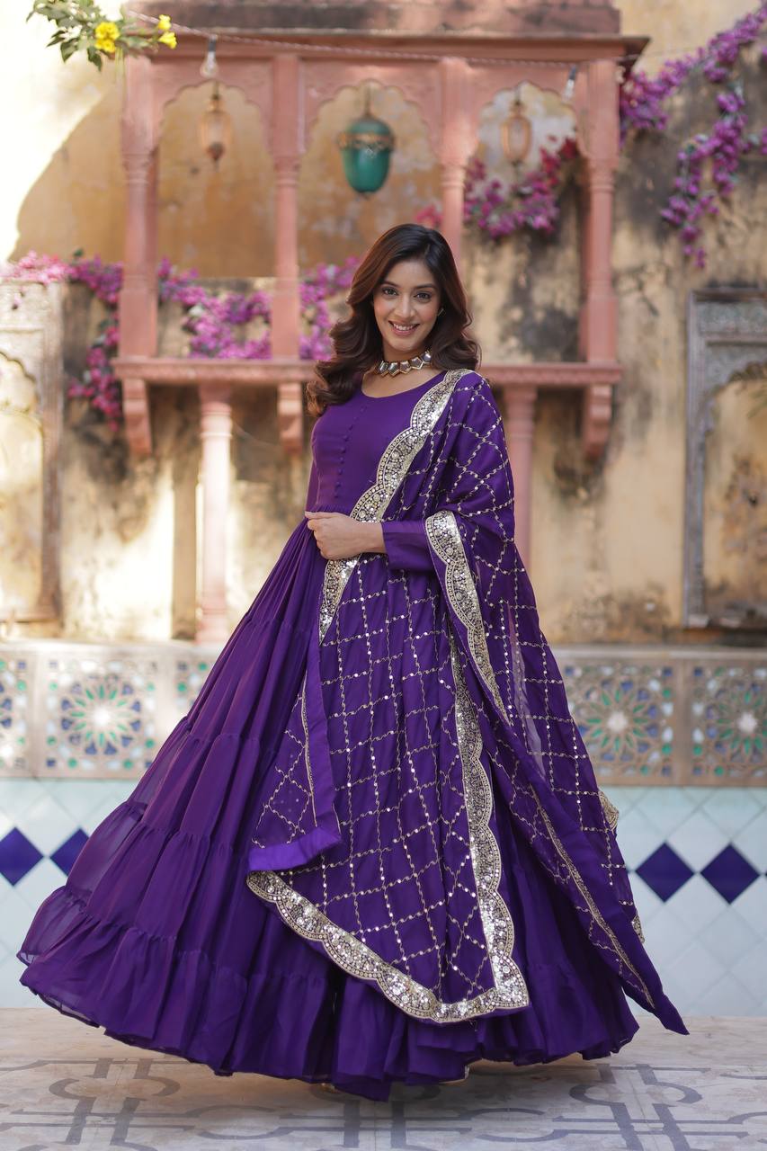 Amazing Purple Color Georgette Frill Work Party Wear Gown