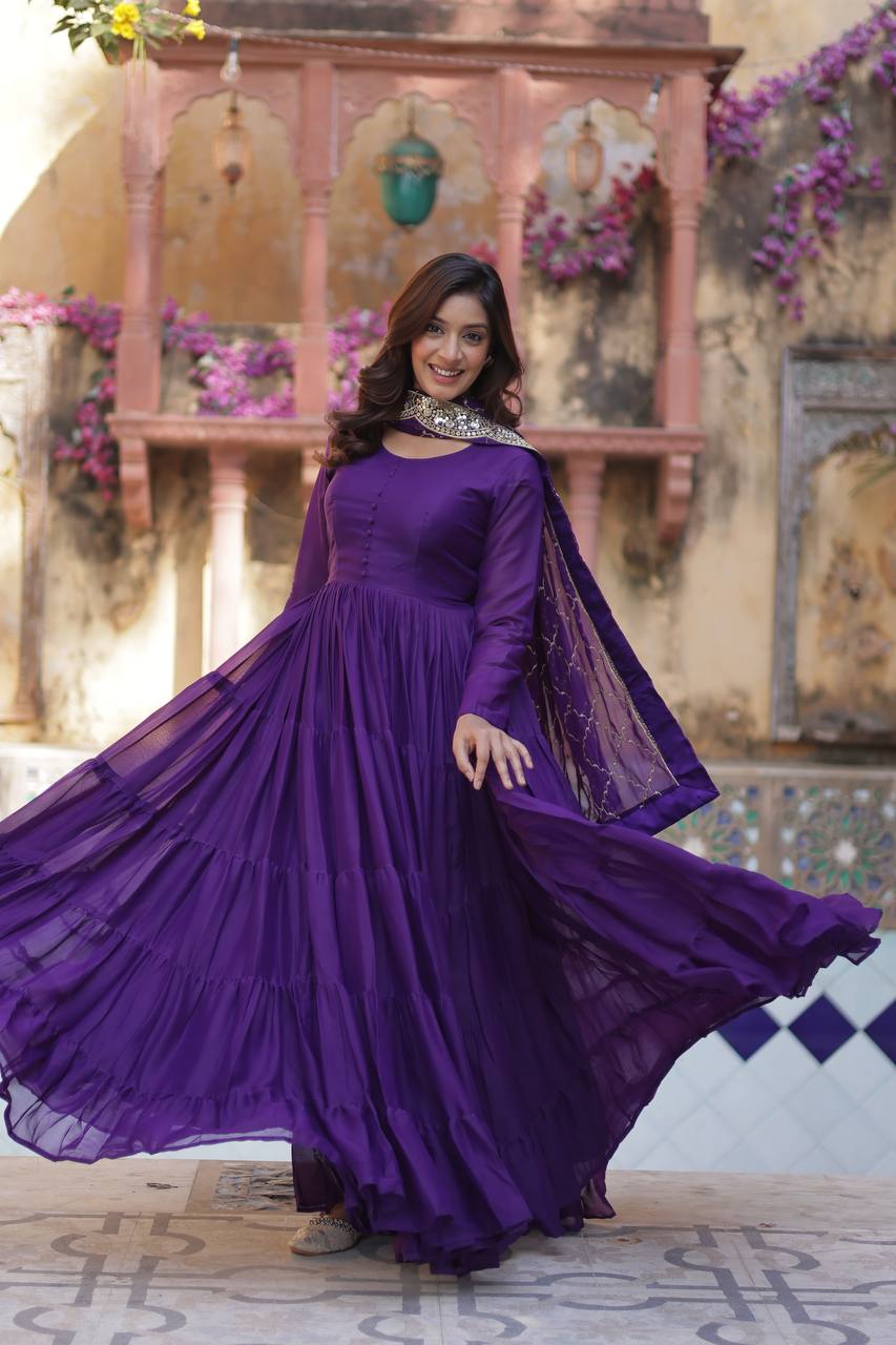 Amazing Purple Color Georgette Frill Work Party Wear Gown