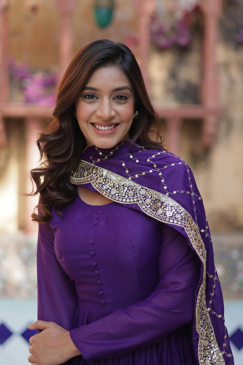Amazing Purple Color Georgette Frill Work Party Wear Gown