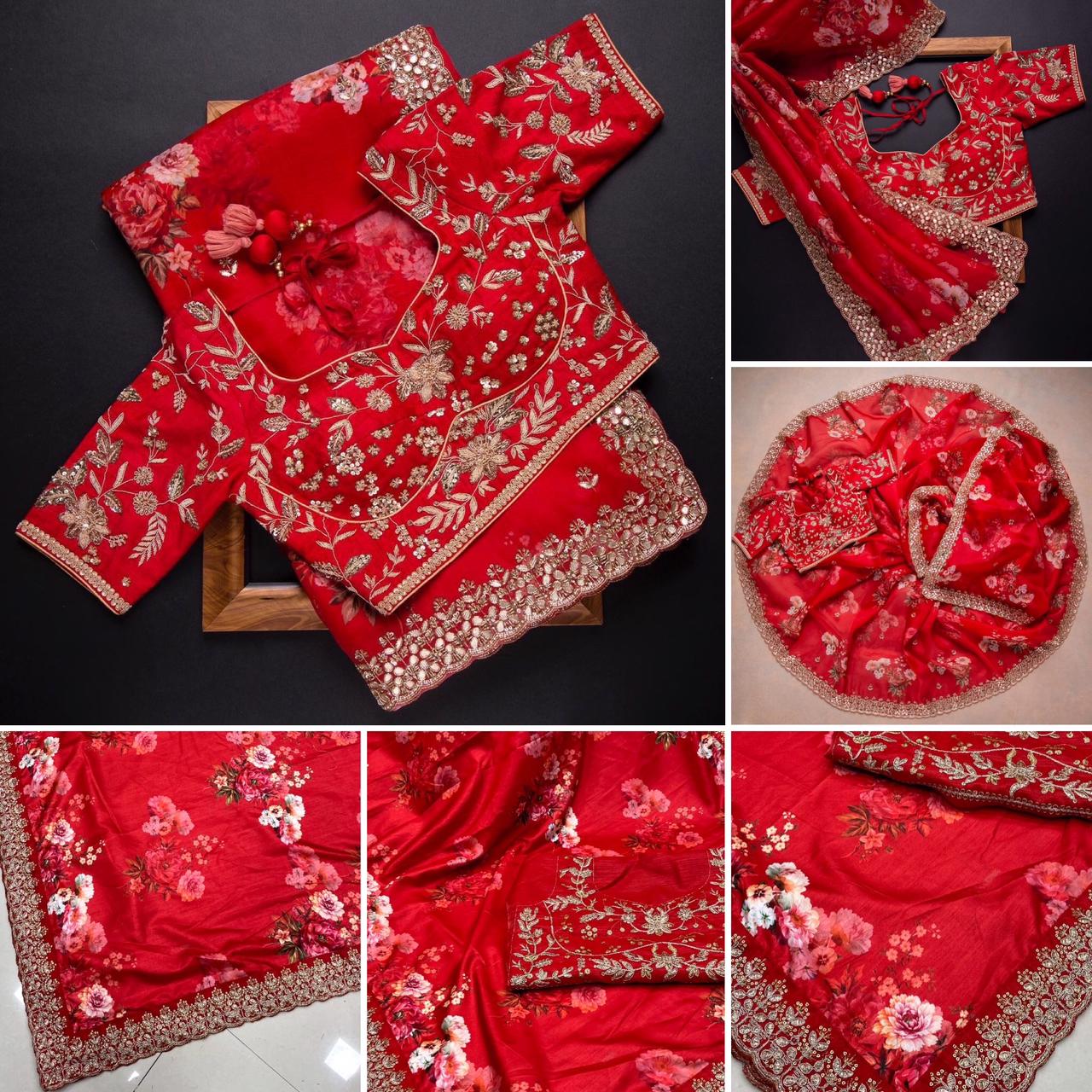 Elagent Red Silk Digital Print Party Wear Saree