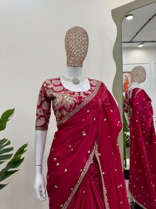 Amzing Red color Zimmy Choo Silk Party Wear Saree
