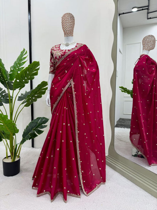 Amzing Red color Zimmy Choo Silk Party Wear Saree