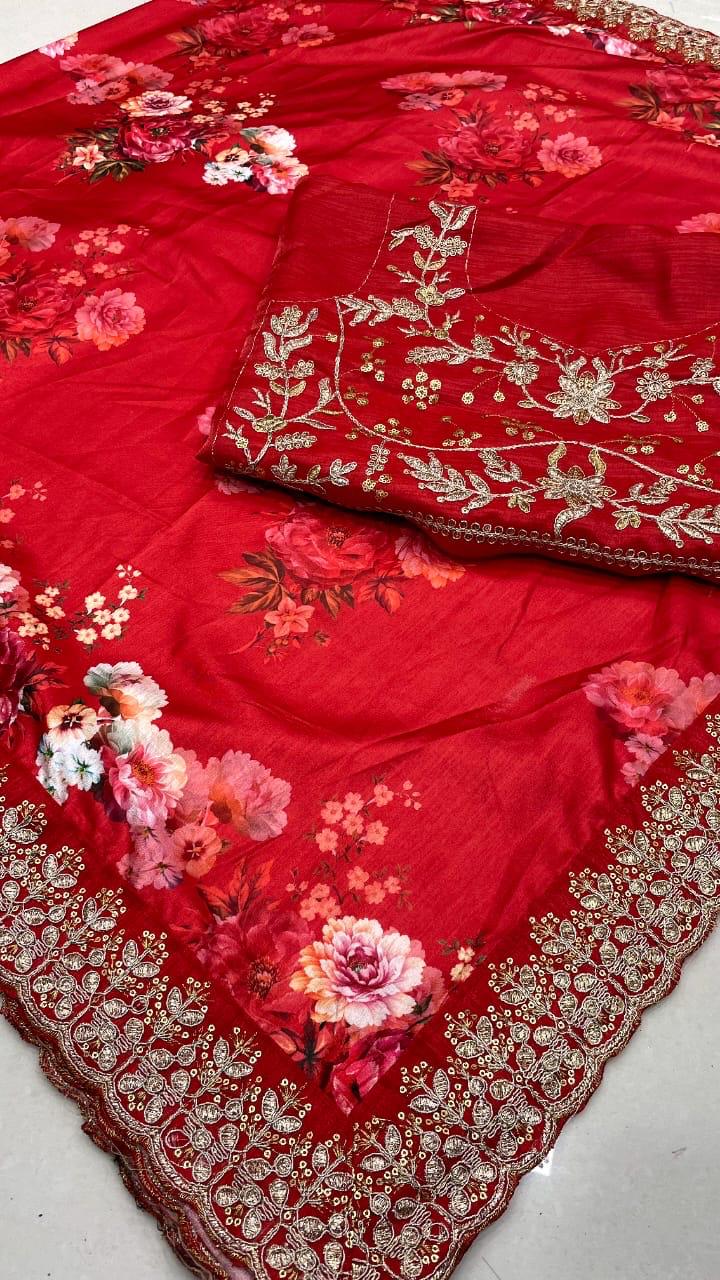 Elagent Red Silk Digital Print Party Wear Saree