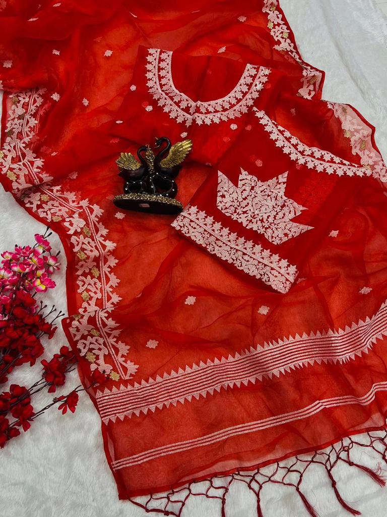 Amazing Party Wear Red Color Organza Saree
