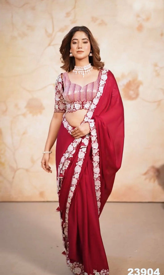 Beautiful Red Color Rangoli silk embroidery Work Party wear saree
