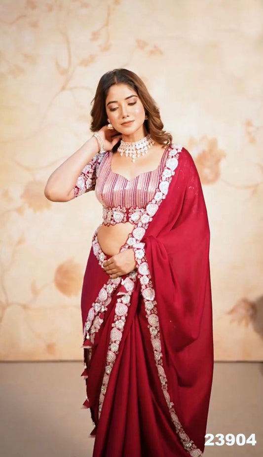 Beautiful Red Color Rangoli silk embroidery Work Party wear saree