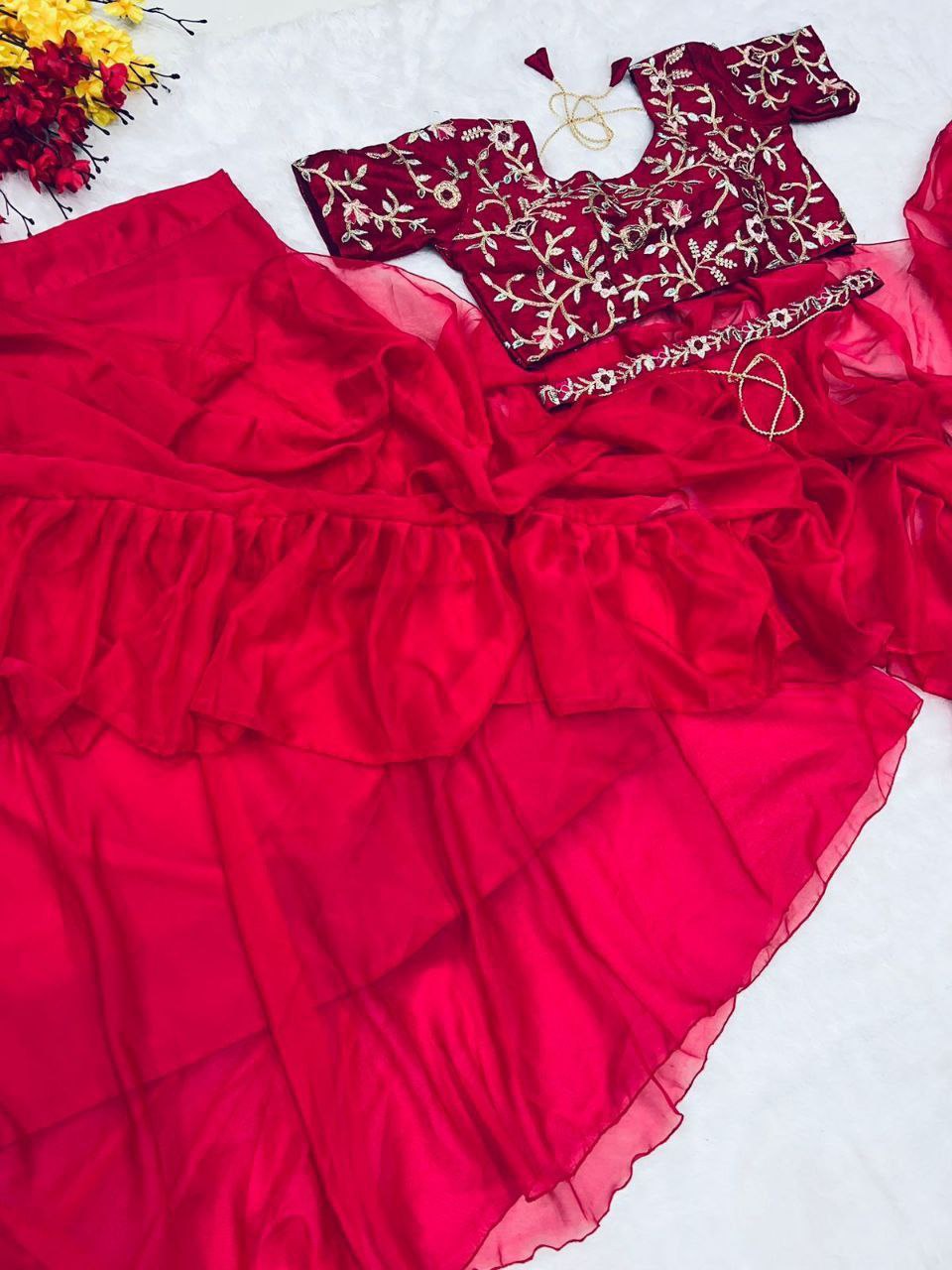 Beautiful Organza Silk party wear saree (Red)