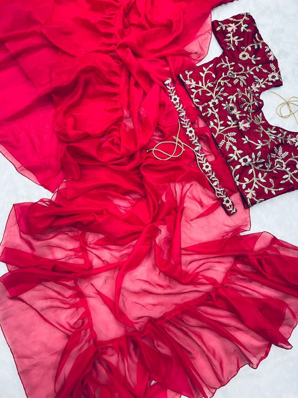 Beautiful Organza Silk party wear saree (Red)