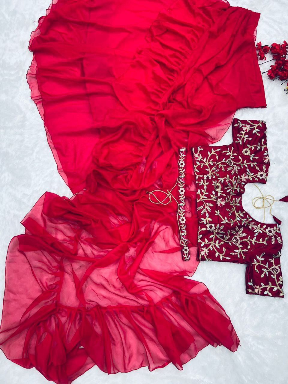 Beautiful Organza Silk party wear saree (Red)