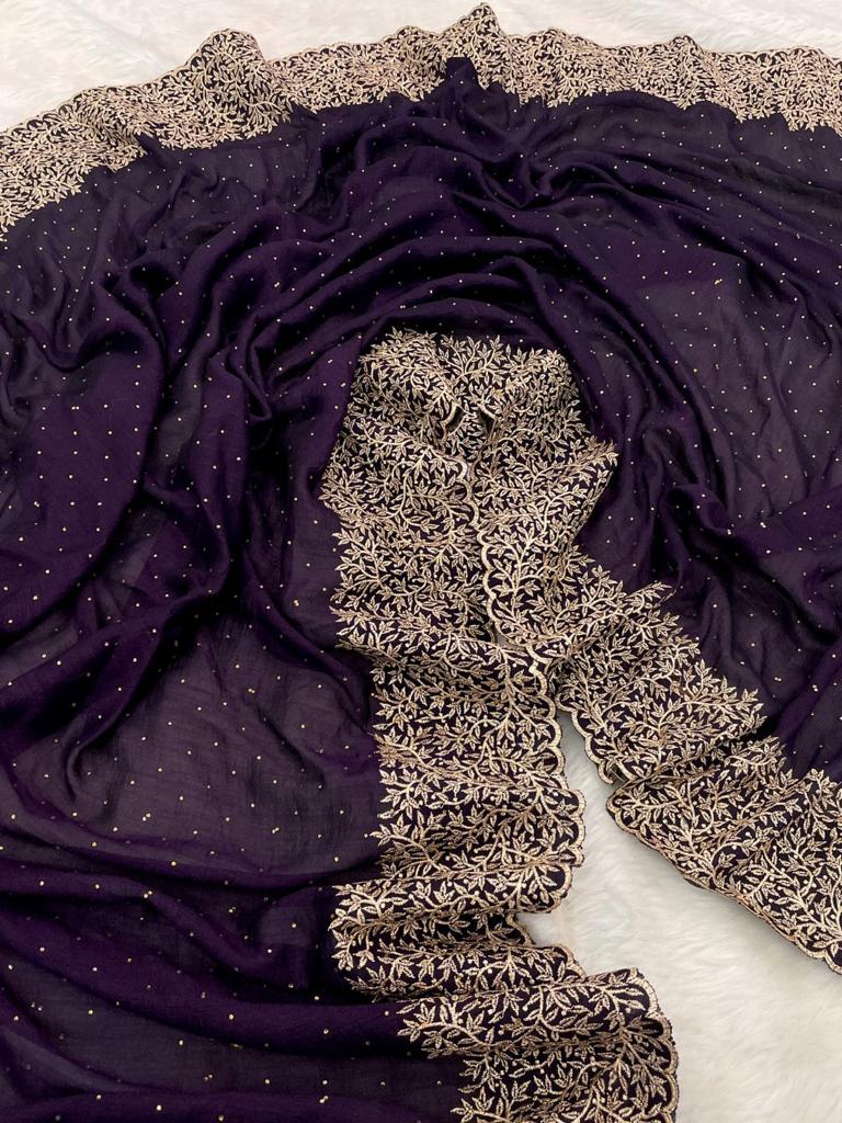 Vichitra Silk Saree Beautiful embroidery Work (Violet)