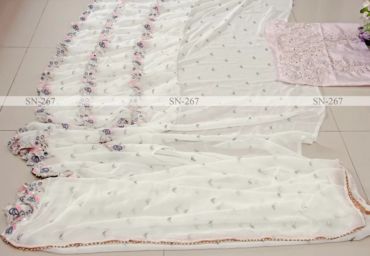 White Color Designer Ruffle Party Wear Saree