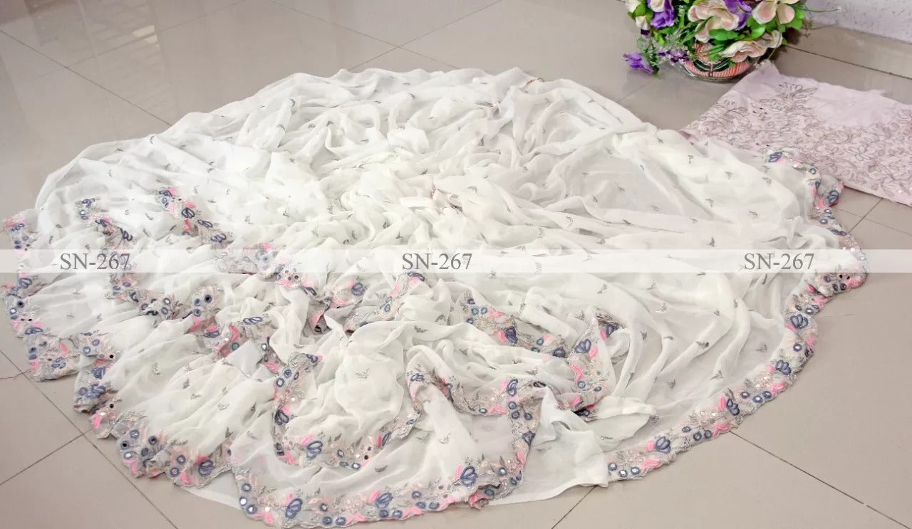 White Color Designer Ruffle Party Wear Saree
