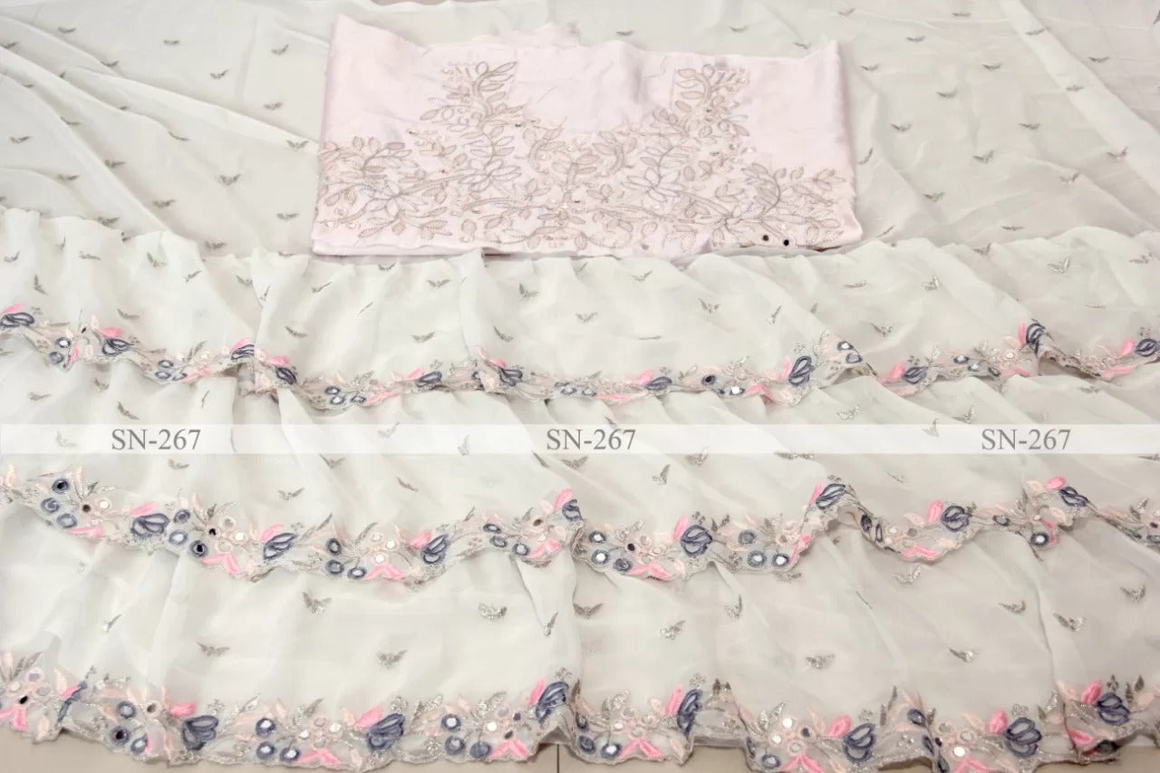 White Color Designer Ruffle Party Wear Saree