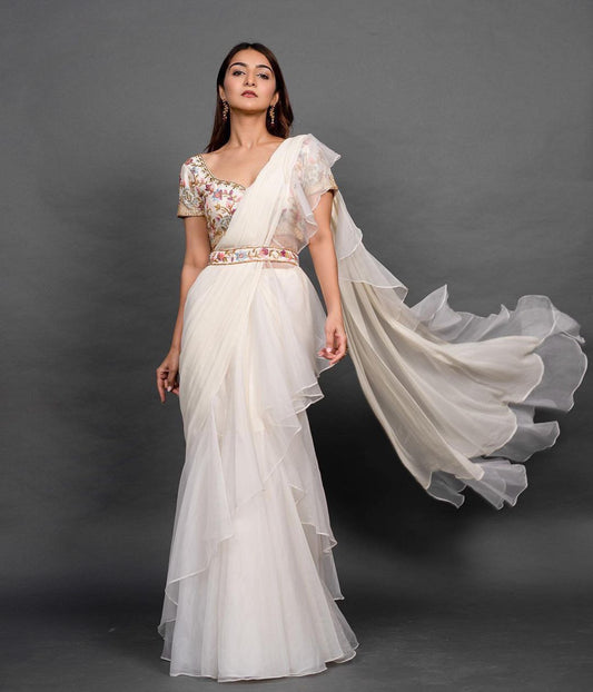 Beautiful Organza Silk party wear saree. (White)