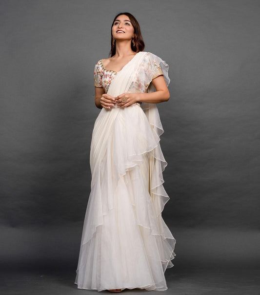 Beautiful Organza Silk party wear saree. (White)