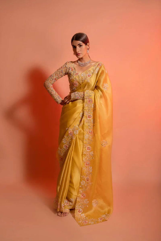 Trending Titan Yellow Color Soft Organza Saree
