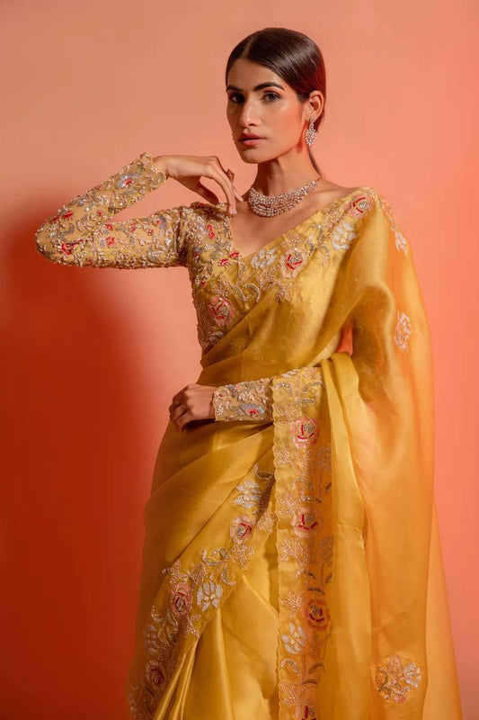 Trending Titan Yellow Color Soft Organza Saree