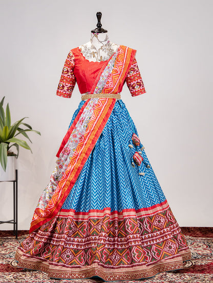 Chinon Patola Print Blue Lehenga with Dupatta Set