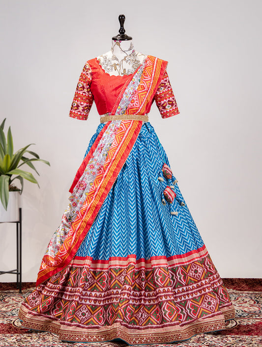 Chinon Patola Print Blue Lehenga with Dupatta Set