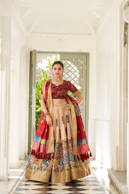 Cream Dola Silk Kalamkari Lehenga Set with Dupatta & Blouse