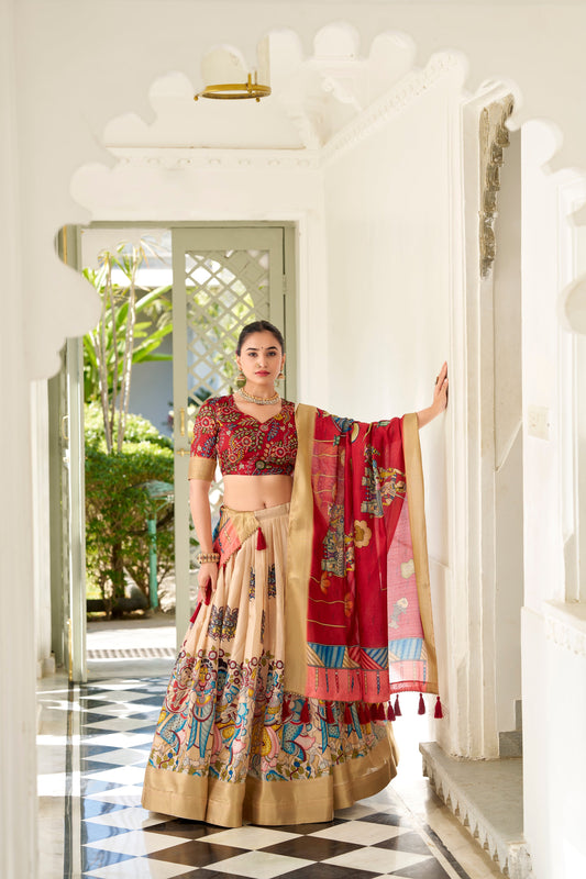 Cream Dola Silk Kalamkari Lehenga Set with Dupatta & Blouse