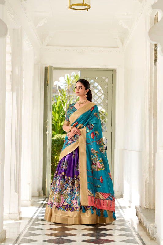 Purple Color Dola Silk Kalamkari Lehenga Set with Dupatta & Blouse