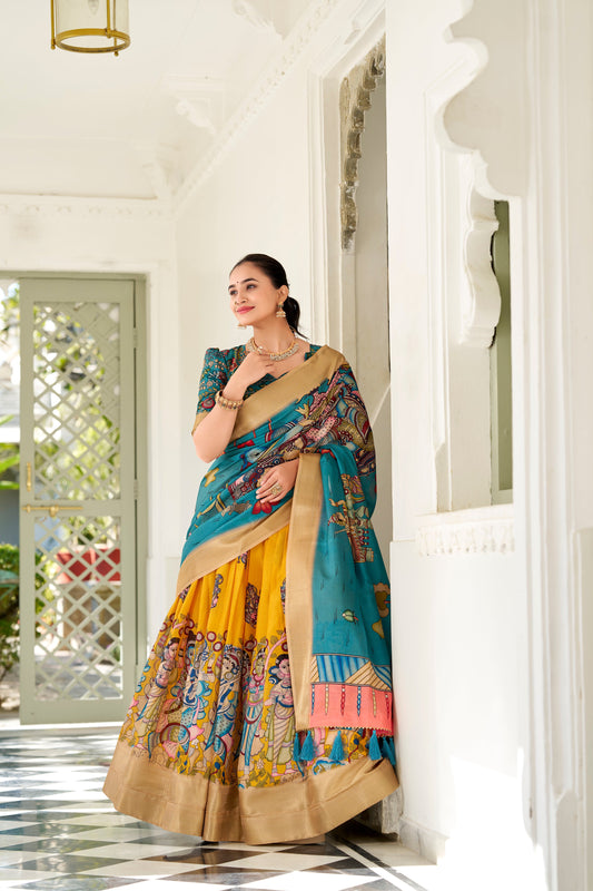 Yellow Color Dola Silk Kalamkari Lehenga Set with Dupatta & Blouse