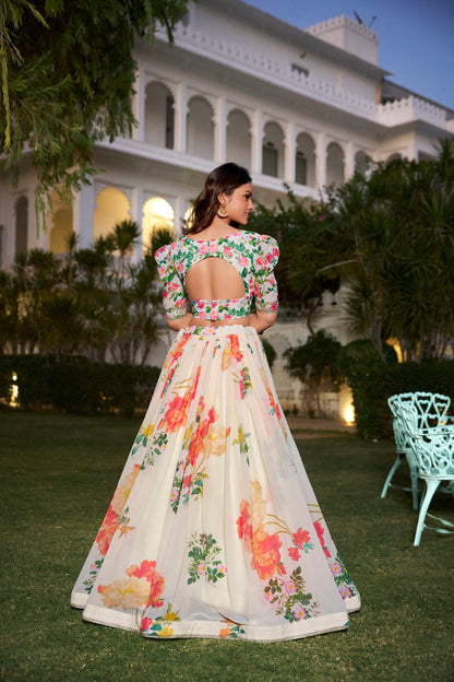 Amazing Cream Color Georgette Floral Print Party Wear Lehenga Choli