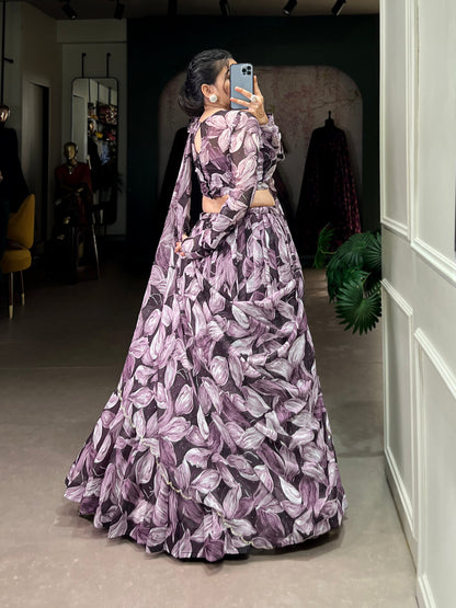 Beautiful Coffe Color Tabby Silk Printed Party Wear Lehenga Choli