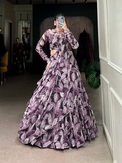 Beautiful Coffe Color Tabby Silk Printed Party Wear Lehenga Choli
