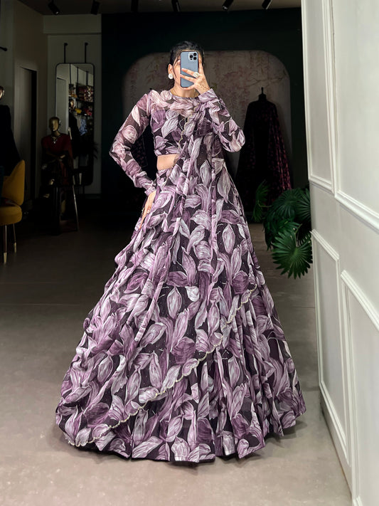 Beautiful Coffe Color Tabby Silk Printed Party Wear Lehenga Choli