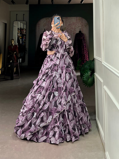 Beautiful Coffe Color Tabby Silk Printed Party Wear Lehenga Choli