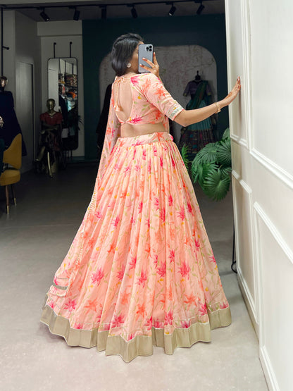 New Tabby Silk Floral Print Lehenga Choli (Peach)
