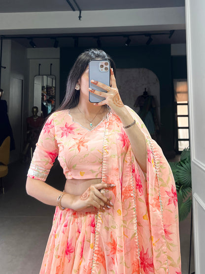 New Tabby Silk Floral Print Lehenga Choli (Peach)