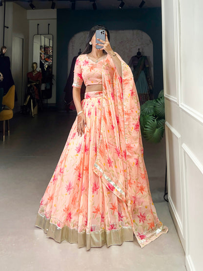 New Tabby Silk Floral Print Lehenga Choli (Peach)