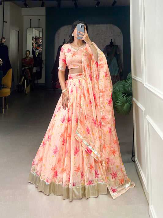 New Tabby Silk Floral Print Lehenga Choli (Peach)