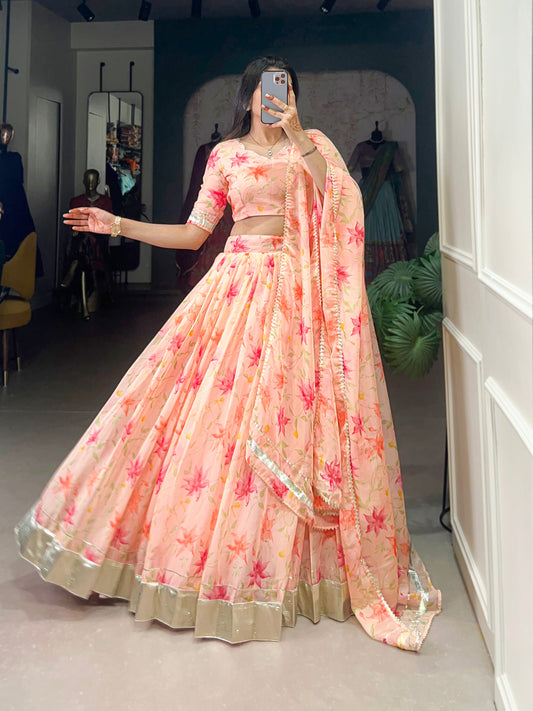 New Tabby Silk Floral Print Lehenga Choli (Peach)